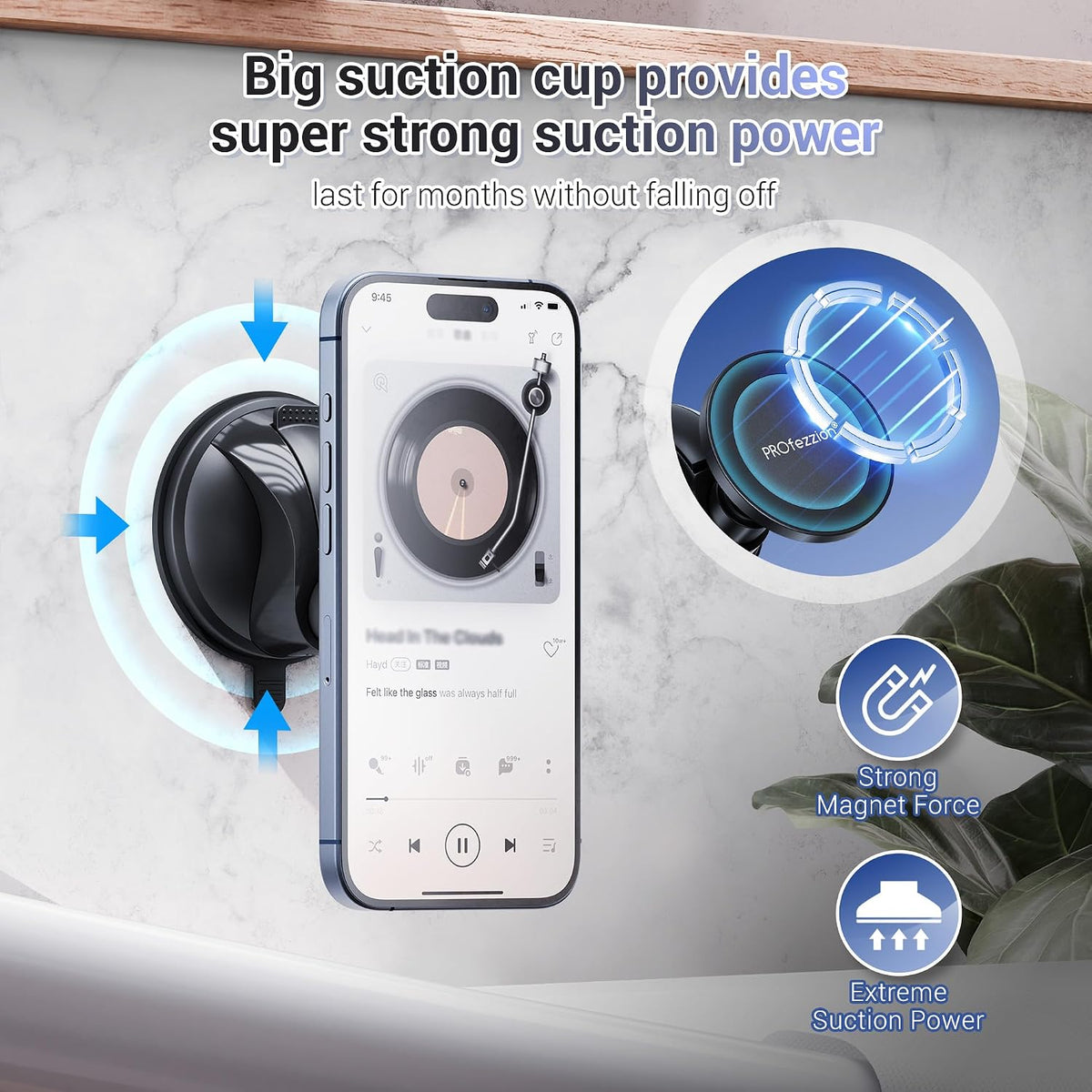 PROfezzion Magnetic Shower Mirror Mount, Reusable Suction Cup & 3M Adhesive